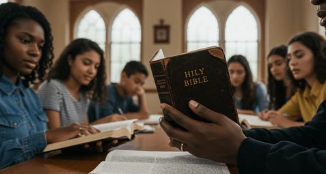 Students studying Bible together at Lamp & Light College